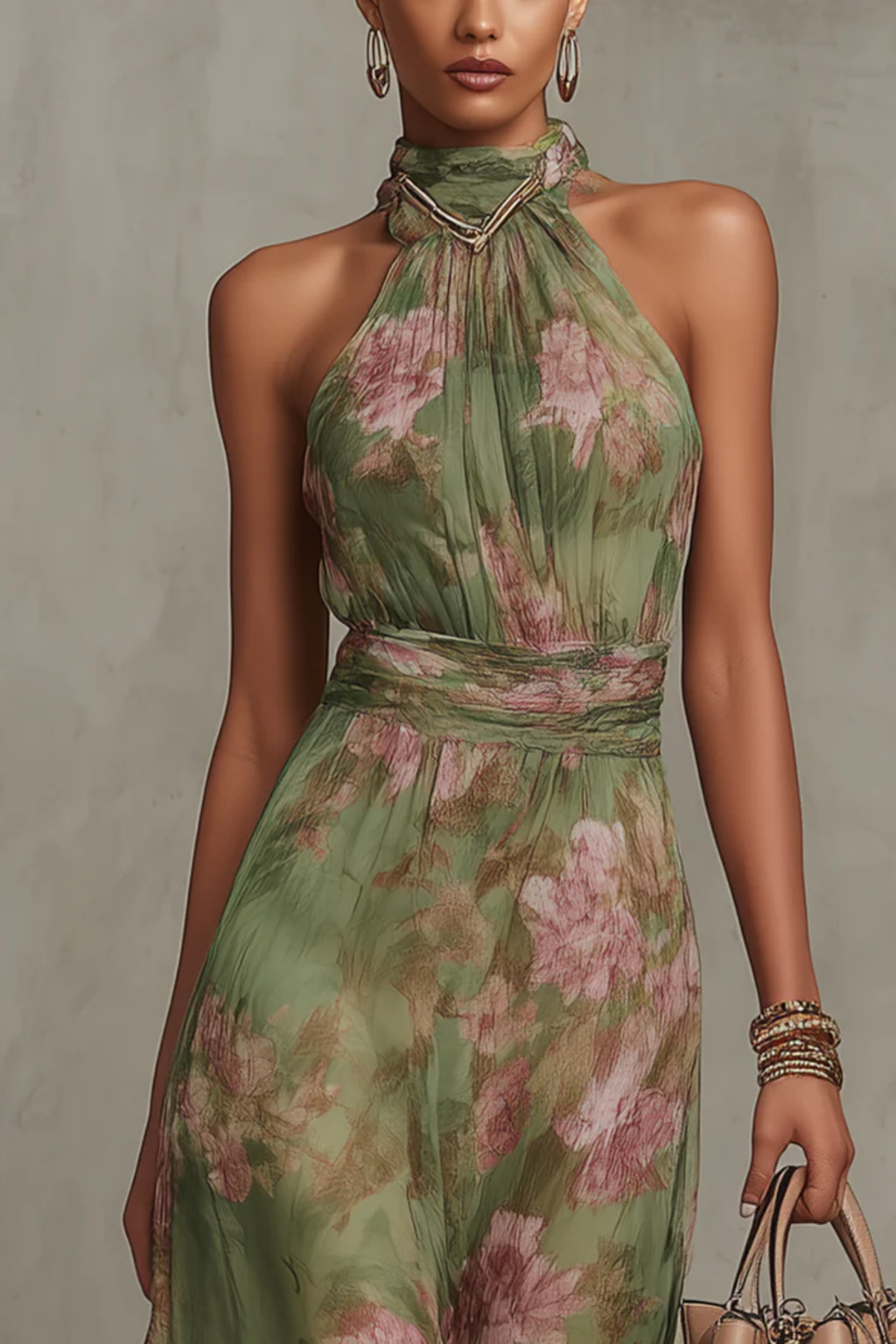 Livia - Robe longue élégante à col halter à motif floral