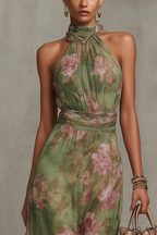 Livia - Robe longue élégante à col halter à motif floral