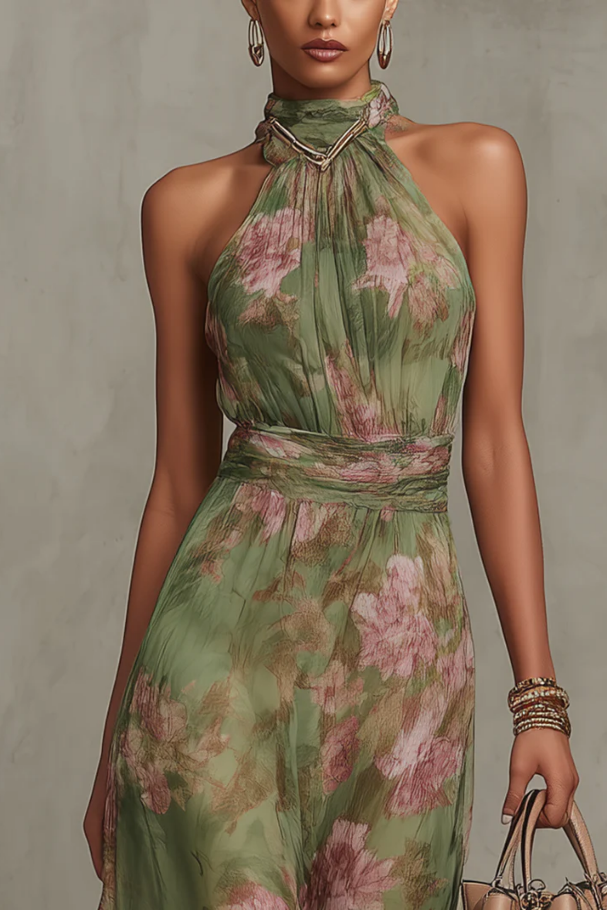 Livia - Robe longue élégante à col halter à motif floral