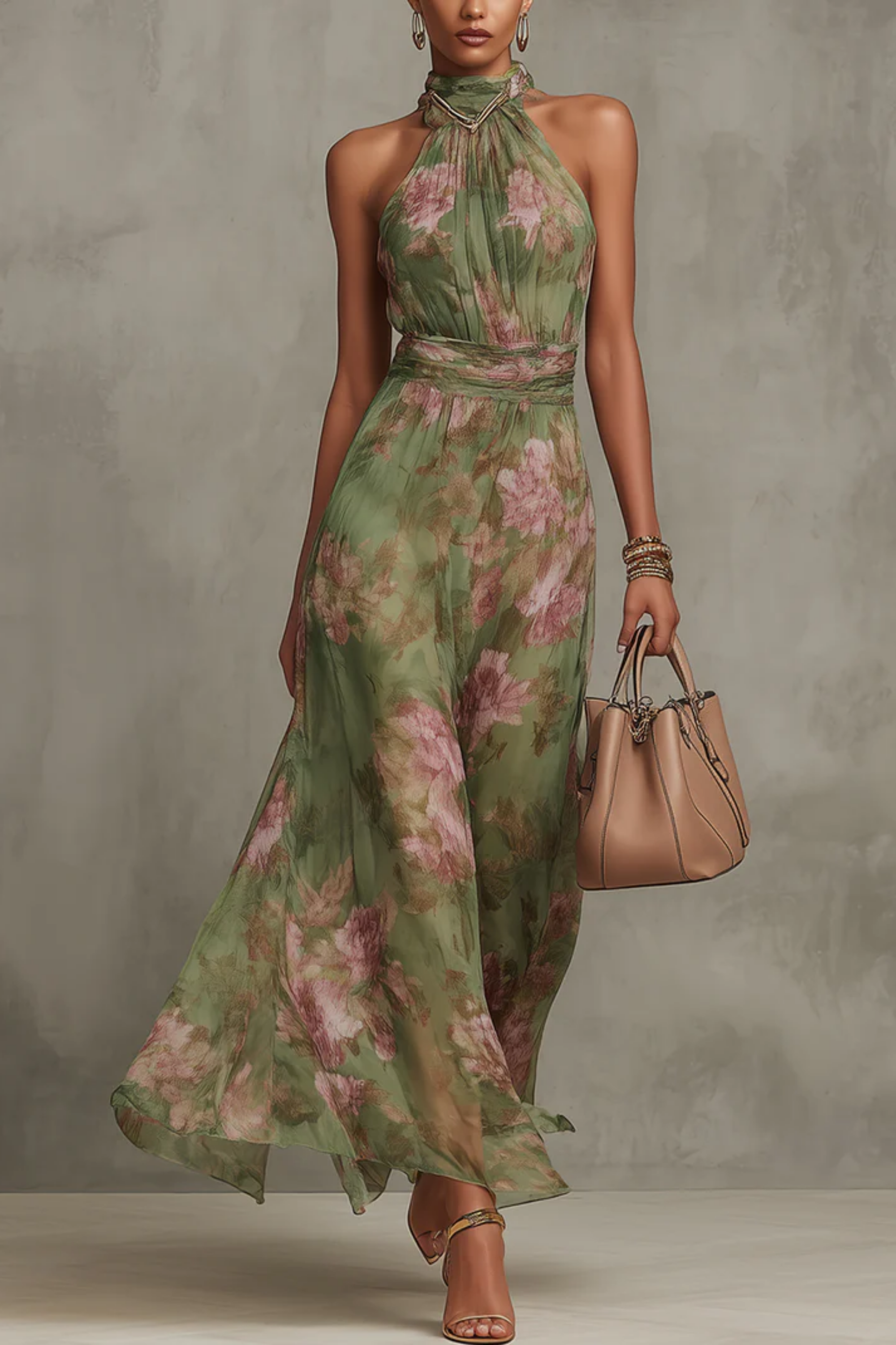 Livia - Robe longue élégante à col halter à motif floral
